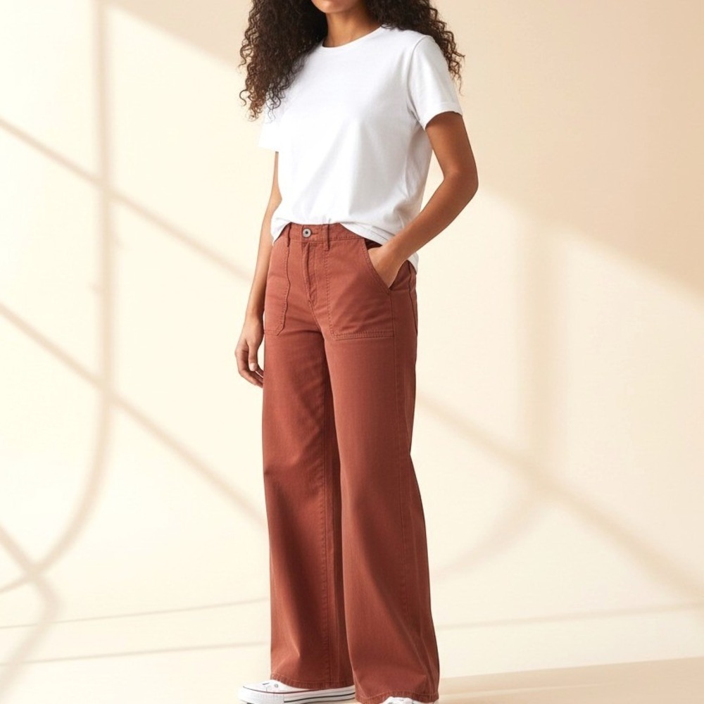 ANA Wide Leg Utility Pants Mid Rise Pockets Rust Red Cotton Tencel Boho Womens 8